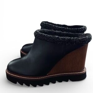 BCBG Nerissa Black Leather Wedge Mules Booties Cozy Faux Trim Women US 8